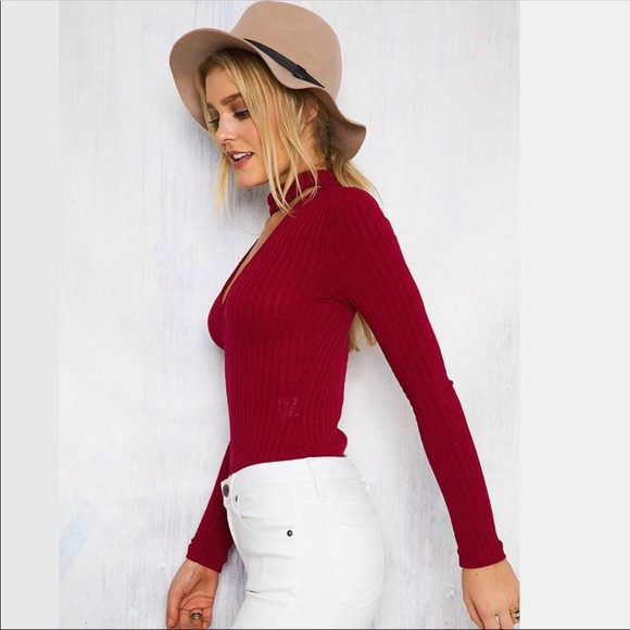 Womens Plain Choker V Neck Leotard Long sleeve top - Picture 3 of 3